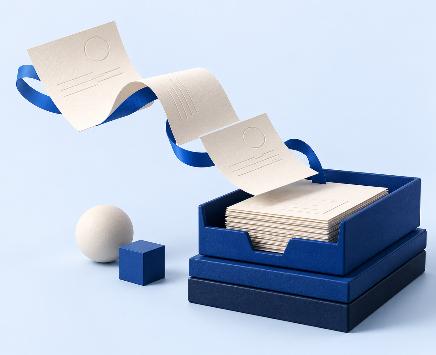 Paper documents flowing along a blue ribbon into an organized stack